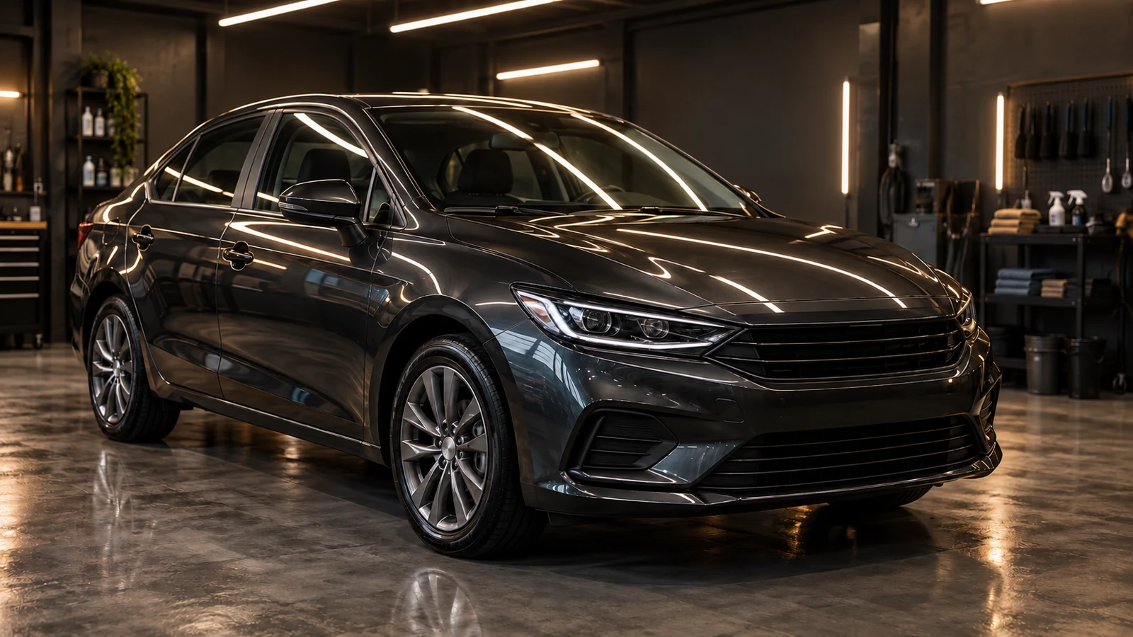 Sedan escuro recém-finalizado dentro do box da Garagem 41, com as lâmpadas refletidas na lataria