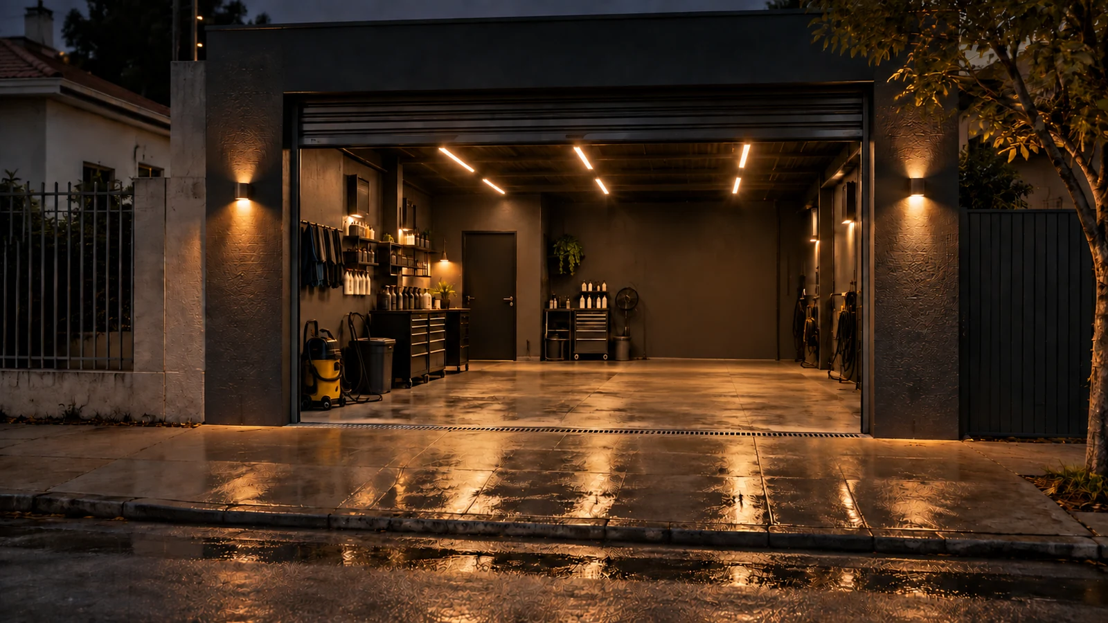 Fachada da Garagem 41 à noite, com o portão aberto e as luzes acesas no box